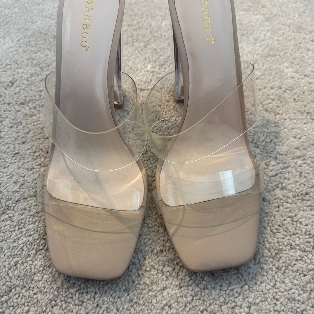 BAMBOO Beige and Clear Strap Heels